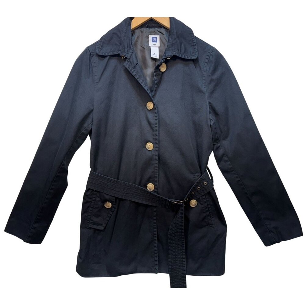 Gap Womens Trench Coat Medium Navy Tie Up Belt Long Sleeve Button Up Casual
